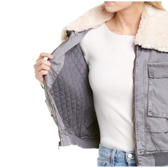 Revolve Young Fabulous & Broke Crop Jacket Women L Earhart‎ Gray Sherpa Collar - Picture 8 of 16